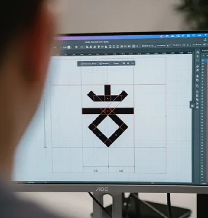 Vincent van Brandbits is looking at a logo design with guide lines on a computer screen.
